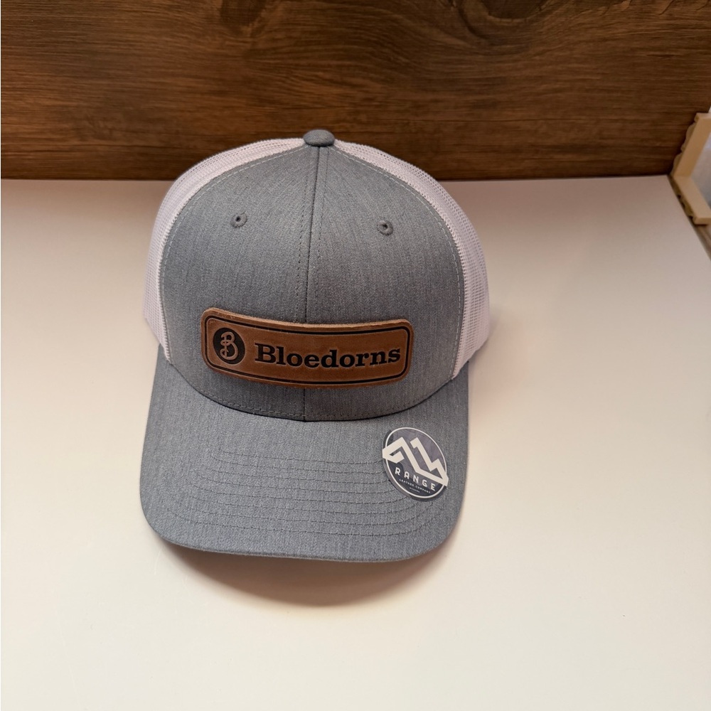 Bloedorns Lumber Trucker Hat Gray White Leather Patch | New With Tag